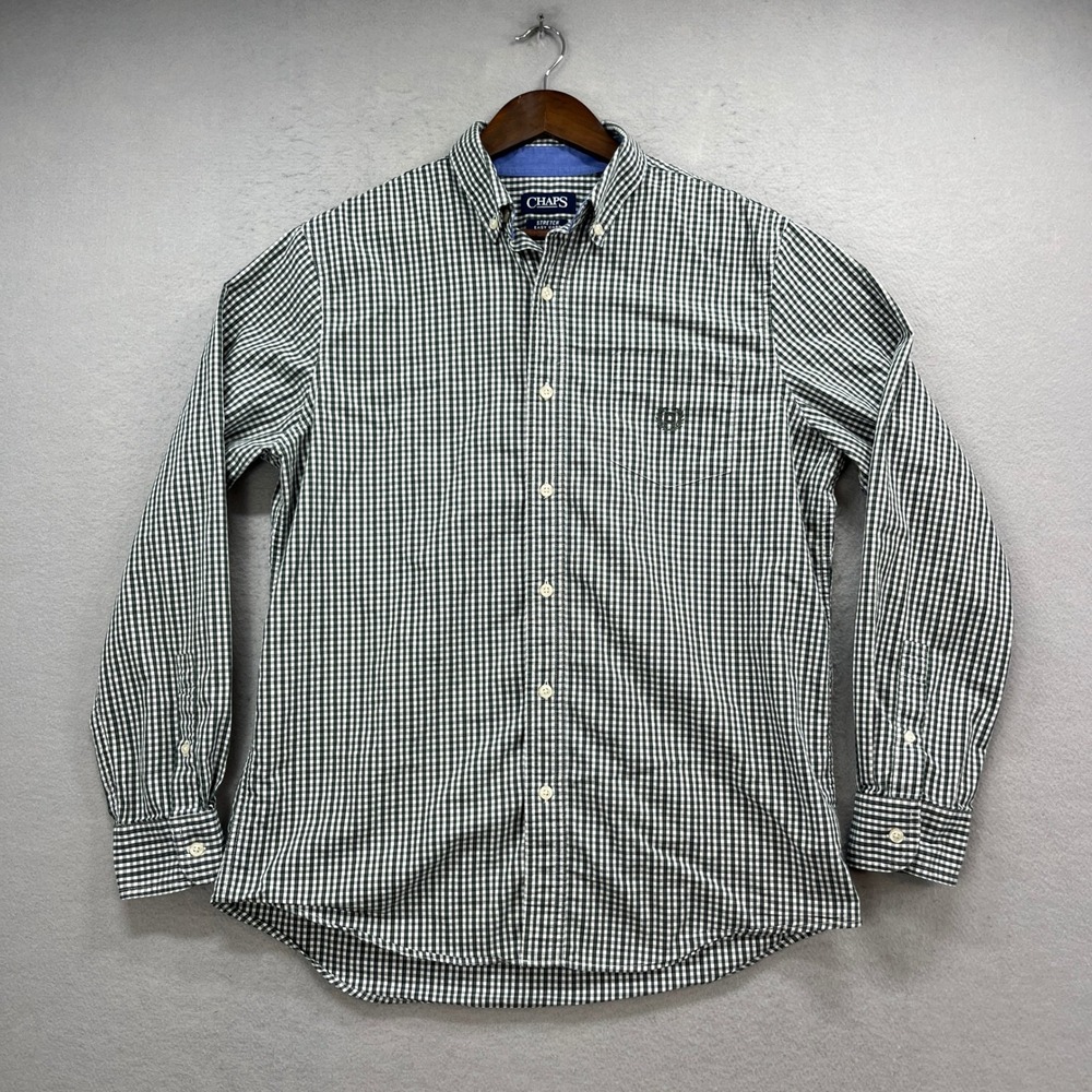 Chaps Shirt Mens M Green Gingham Stretch Long Sleeve Oxford Classic Preppy